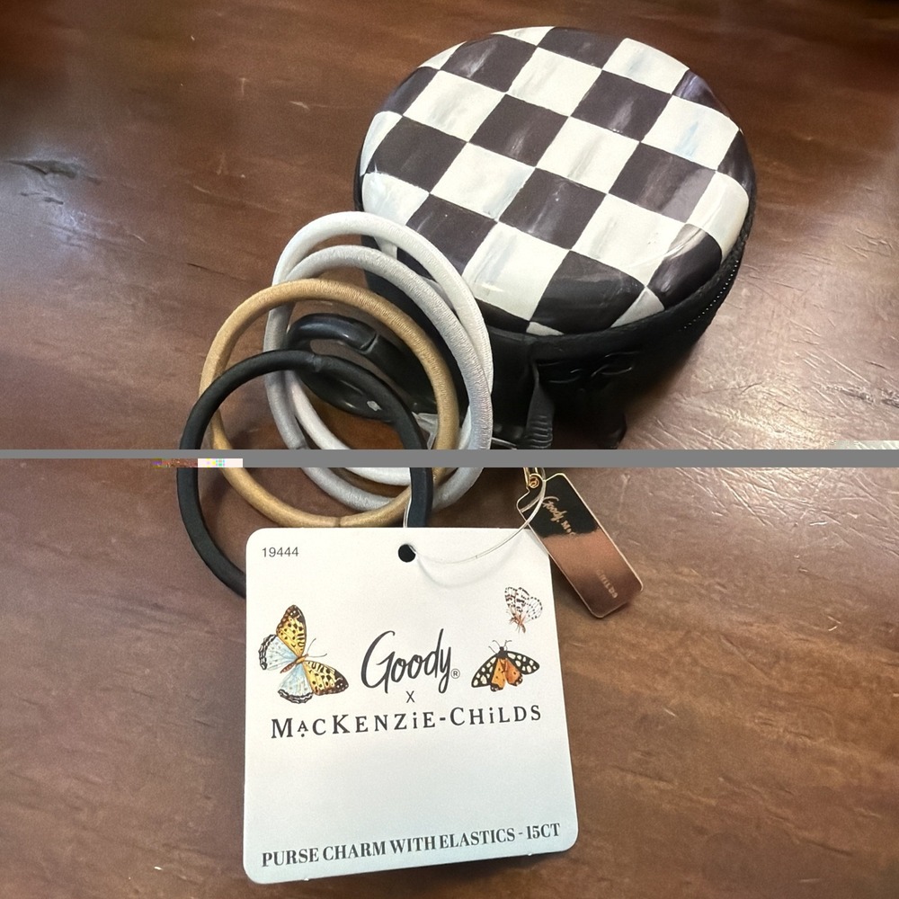 Goody & Mackenzie Childs Pink  Check Elastic Hair Ties and Zipper Pouch & Clip